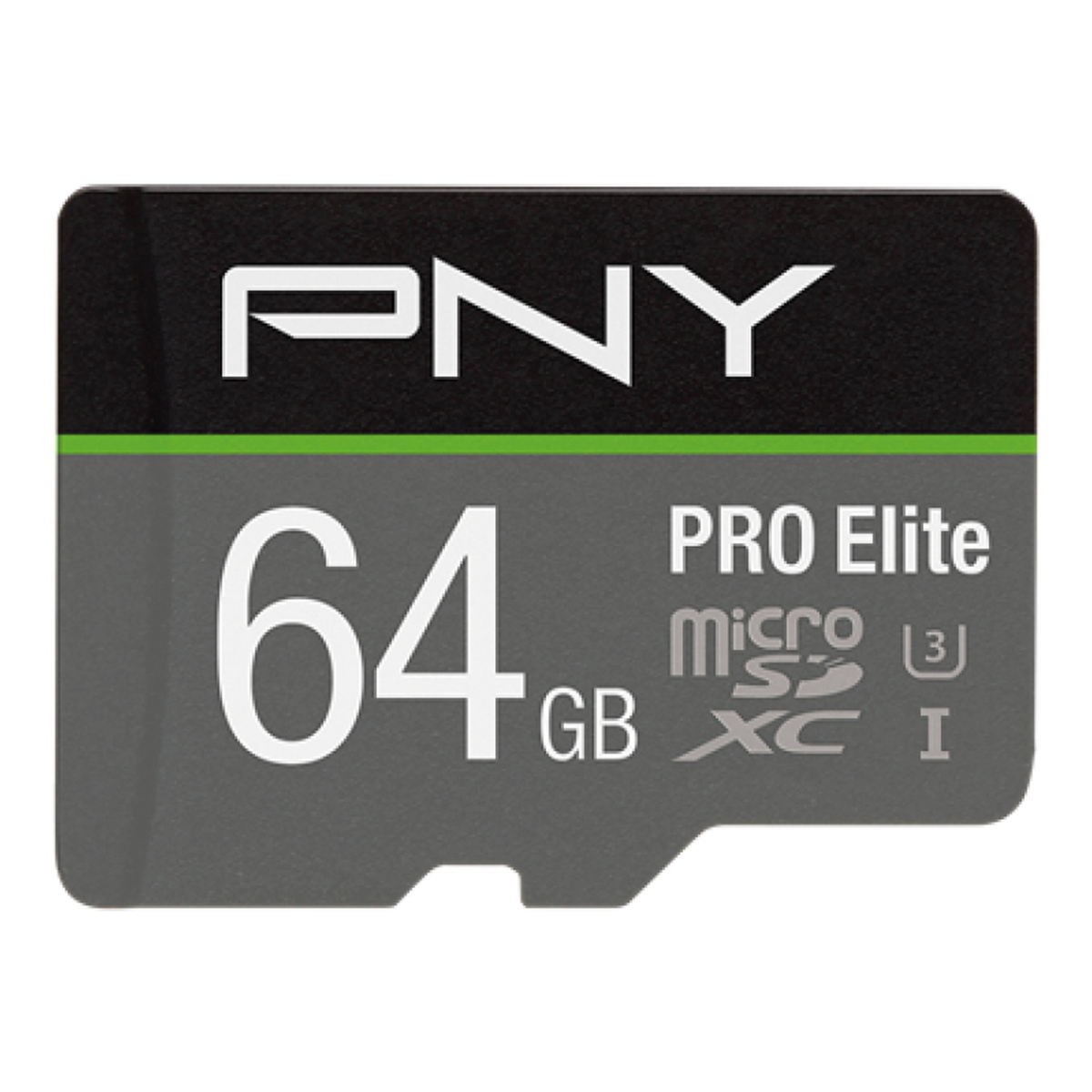 Schwarze und graue PNY 64GB Micro-SD-Karte, Details auf der Karte.