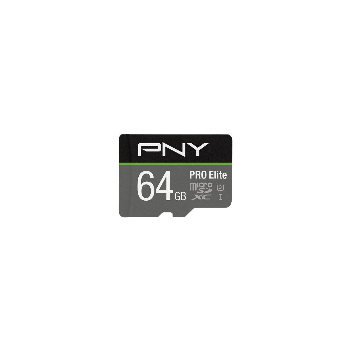 Eine kleine PNY Pro Elite 64GB MicroSDXC-Karte mit grünem und schwarzem Design.