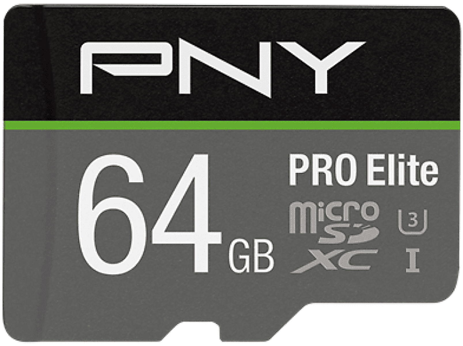 PNY 64GB Pro Elite microSD-Karte auf weißem Hintergrund.