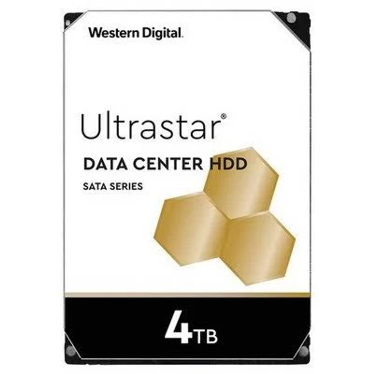 Western Digital Ultrastar 4TB Rechenzentrum HDD mit goldenem Hexagon-Design.