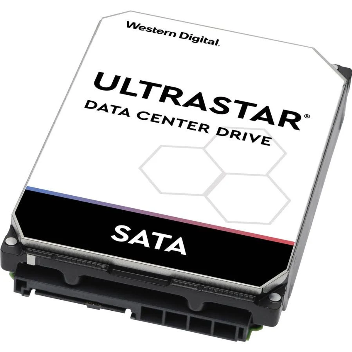Eine silberne und schwarze Festplatte mit dem Text 'ULTRASTAR DATA CENTER DRIVE' und 'SATA'.