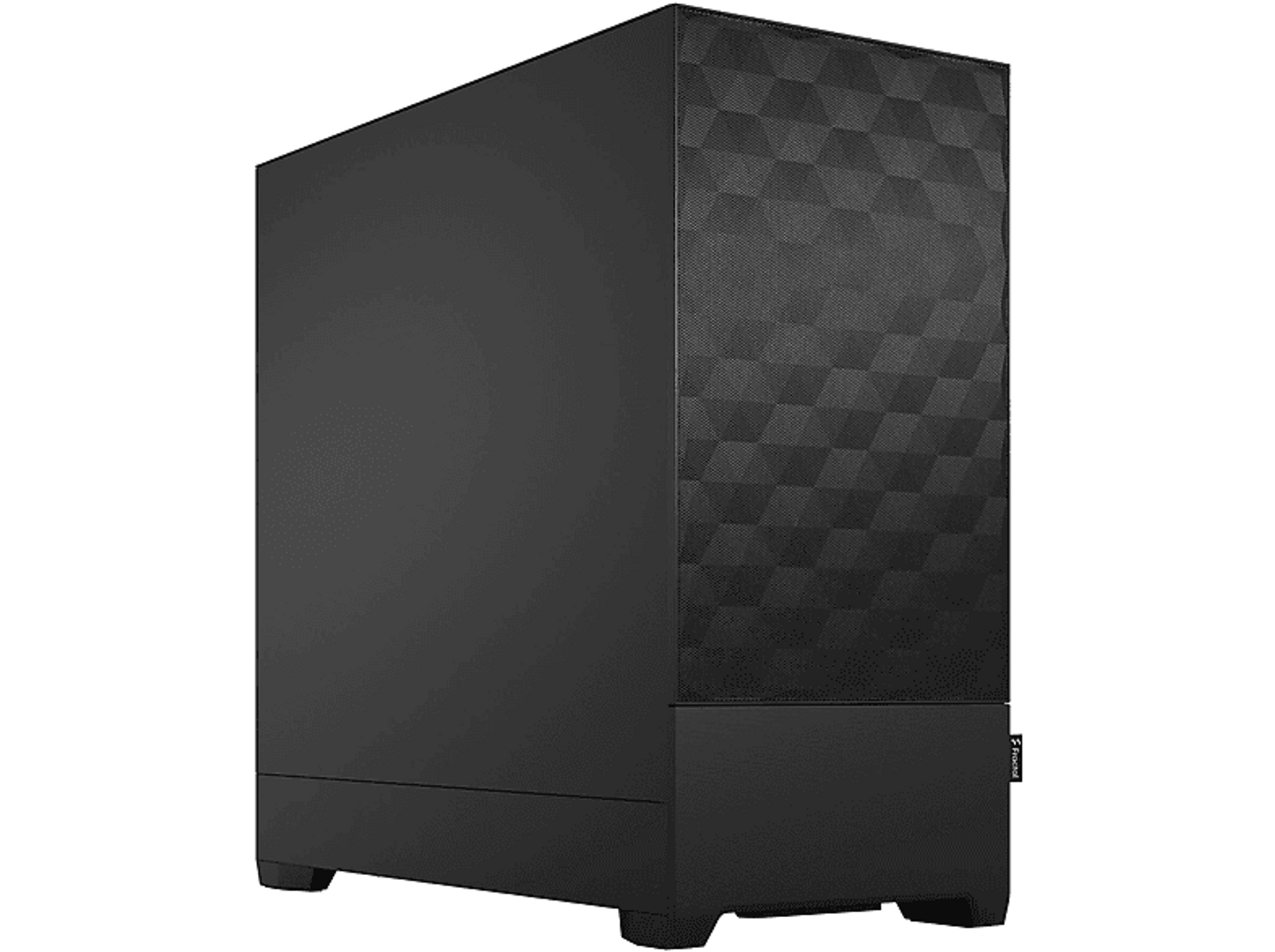 Czarna obudowa komputera z przednim panelem o wzorze diamentu. Obudowa jest wysoka i prostokątna, z nóżkami.
