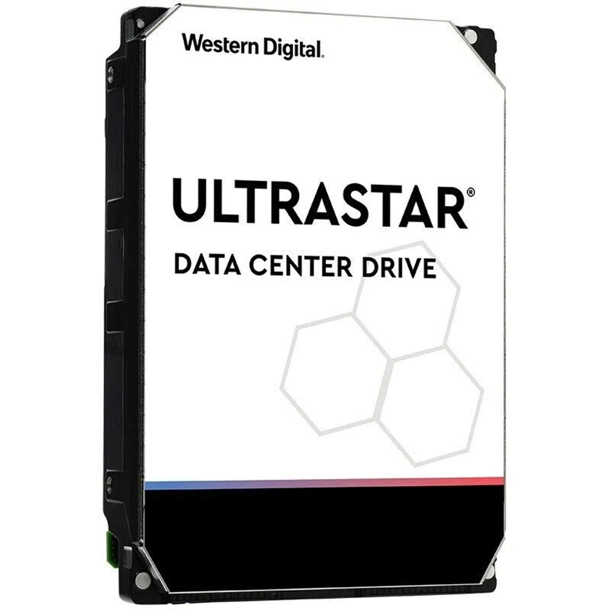 Eine Western Digital Ultrastar Rechenzentrumsfestplatte. Das Laufwerk ist weiß mit schwarzen und blauen Streifen.