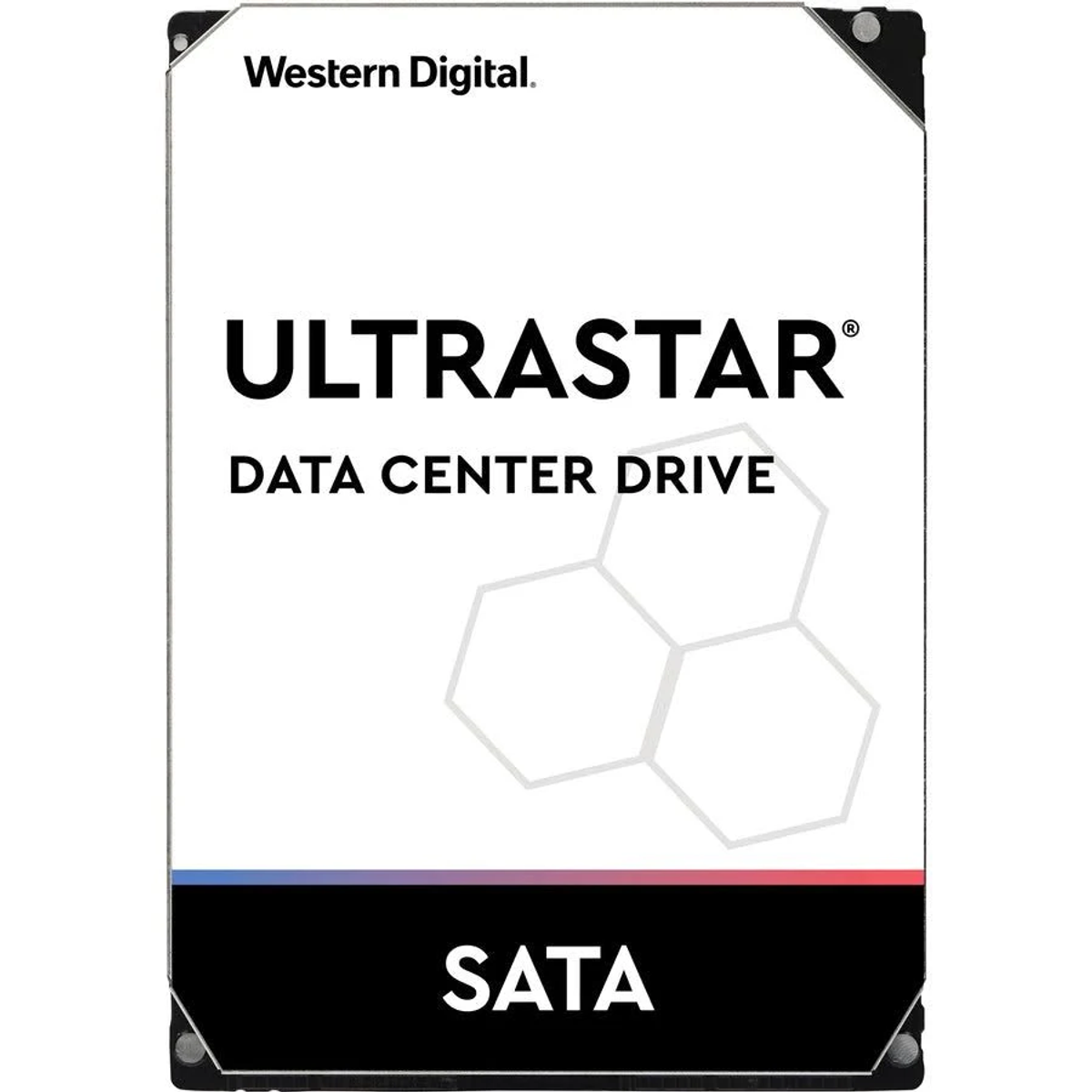 Eine Festplatte mit weißem und schwarzem Gehäuse, dem Text "ULTRASTAR DATA CENTER DRIVE" und "SATA".