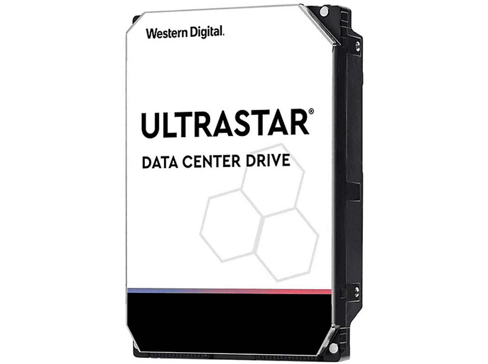 Western Digital Ultrastar Festplatte mit Etikettendetails, schwarz und weiß. Schwarzer Hintergrund.