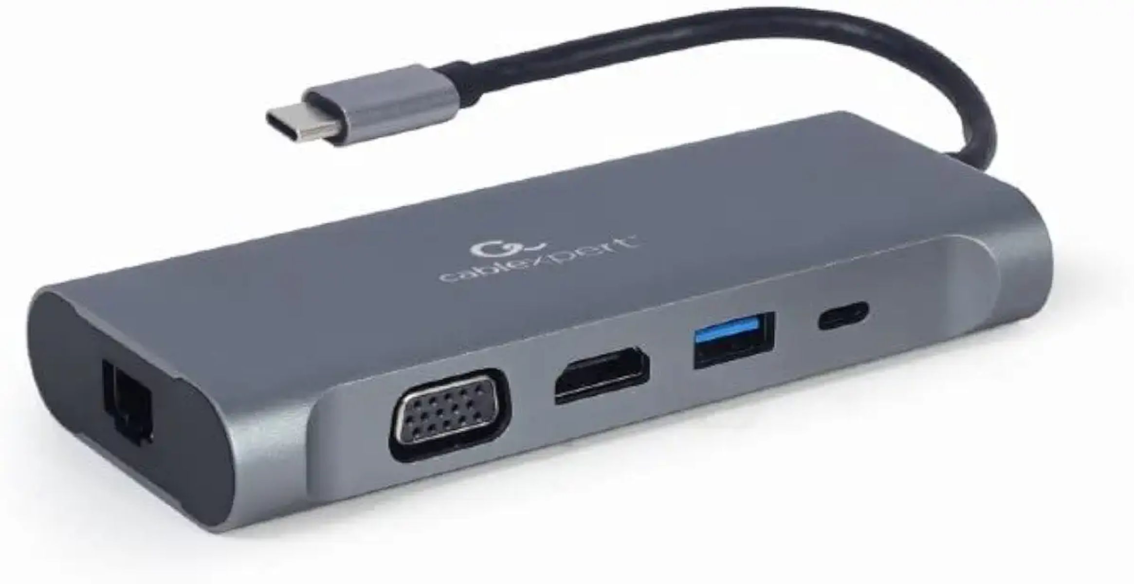 Ein grauer Multiport-Adapter mit mehreren Anschlüssen, darunter USB, HDMI und Ethernet.