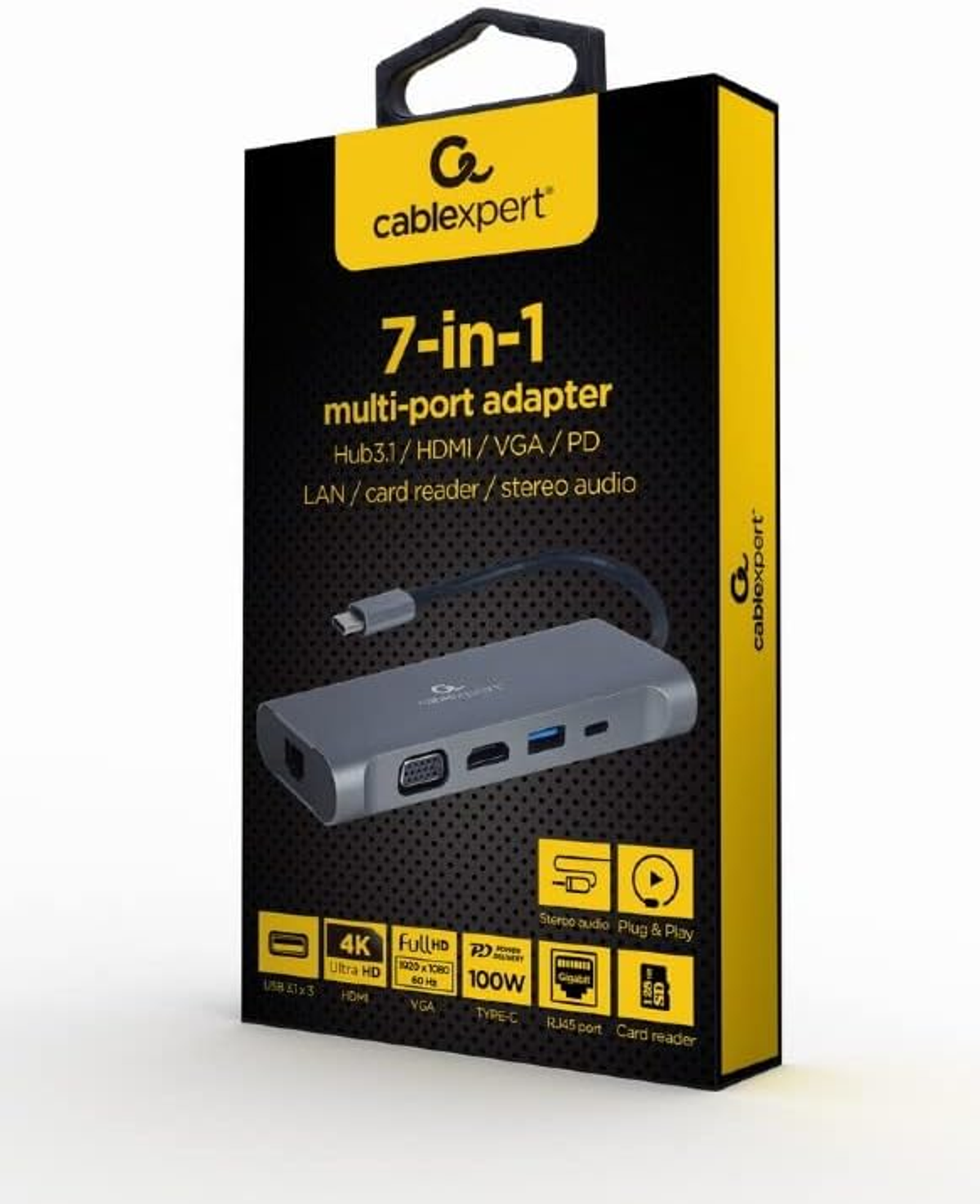 Eine Schachtel mit einem Multiport-Adapter. Die Schachtel ist mit Text beschriftet und hat einen Griff.