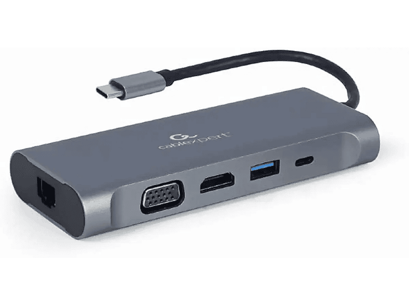 Ein grauer Multiport-Adapter mit mehreren Anschlüssen und einem USB-C-Kabel.