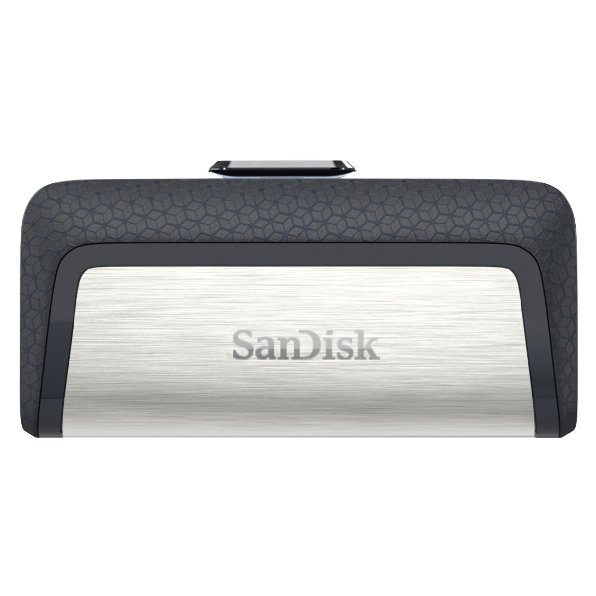 A black and silver SanDisk device with a hexagonal pattern.