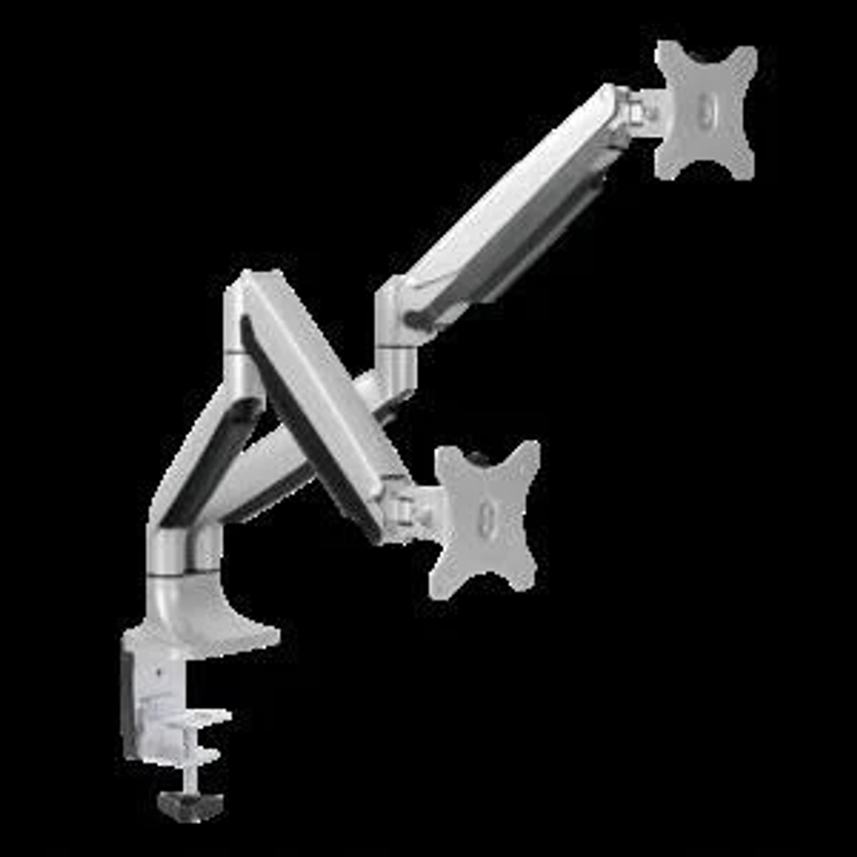 Bras double moniteur argenté sur fond noir, avec deux supports de moniteur et une pince.