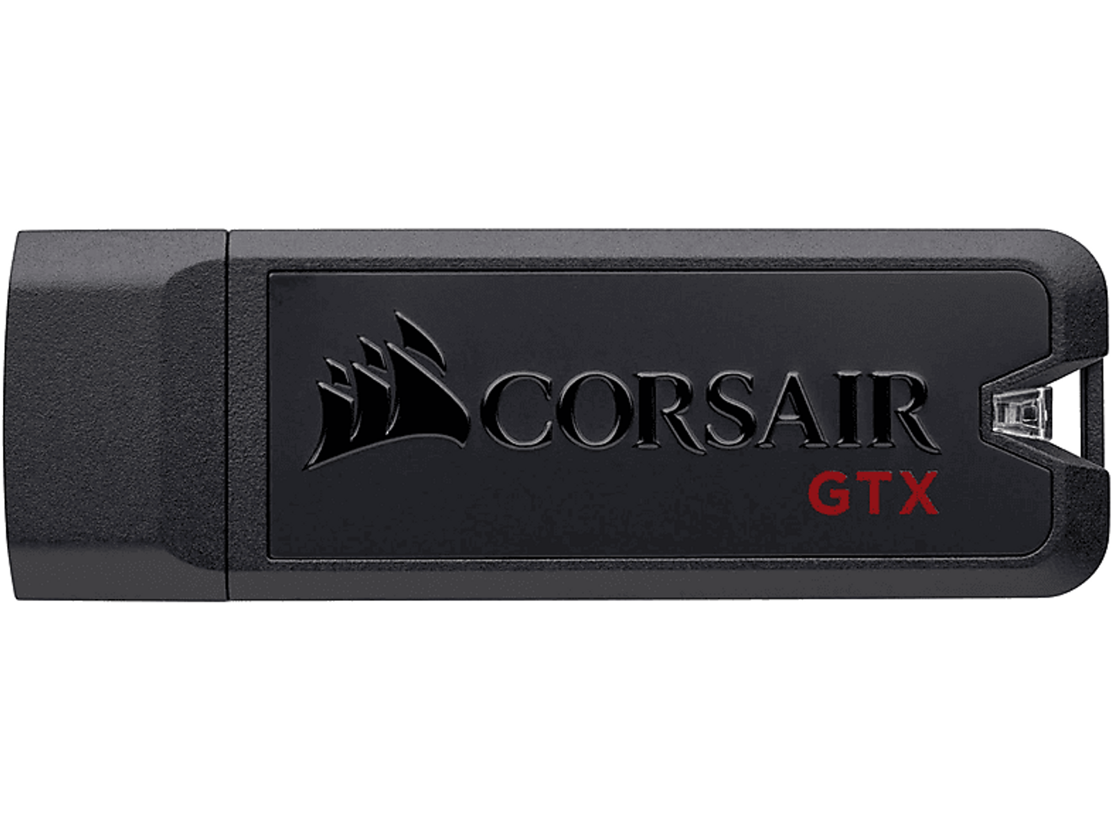 Czarny pendrive Corsair GTX z logo Corsair i czerwonym tekstem GTX.