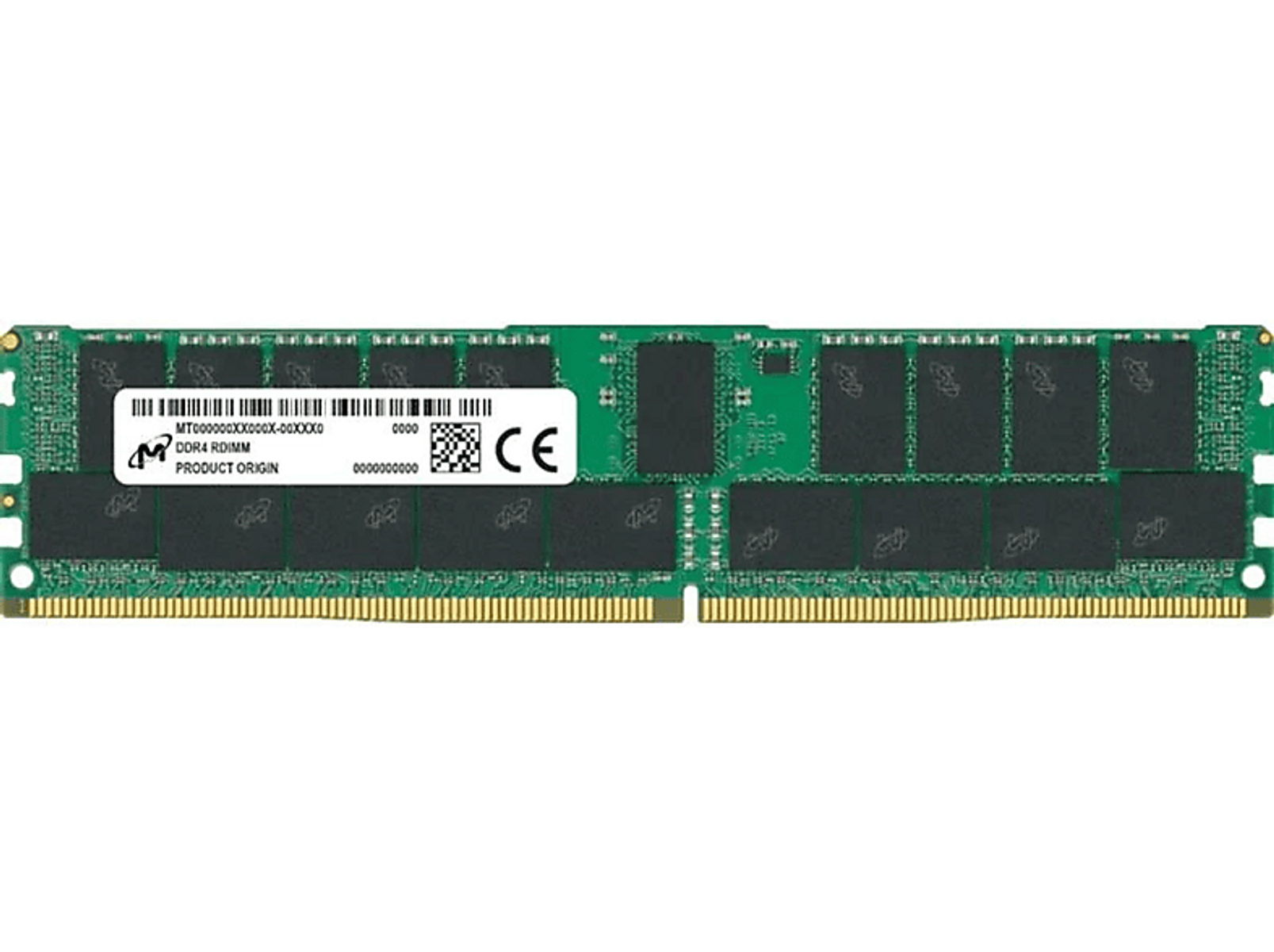 Zielony moduł RAM z chipami i naklejką. Ma złote złącza na dole.