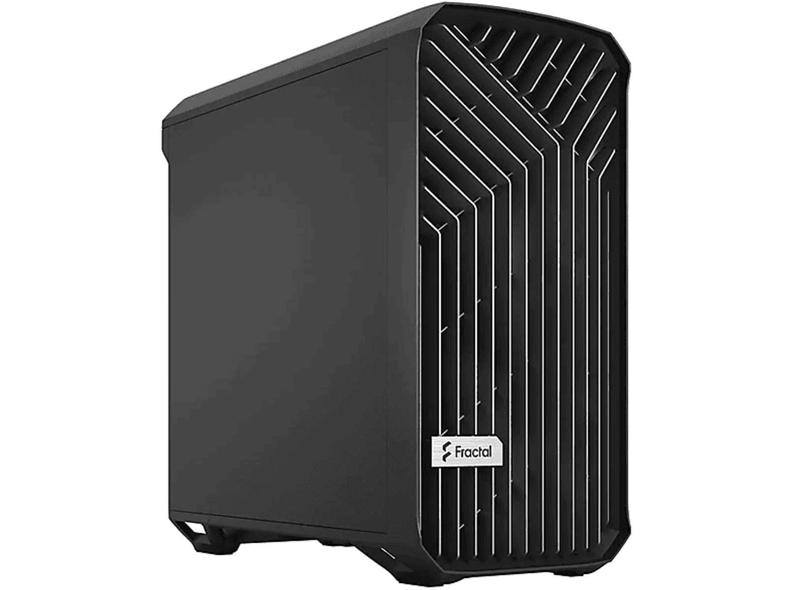 Case per computer nero con un design frontale unico, isolato su bianco.