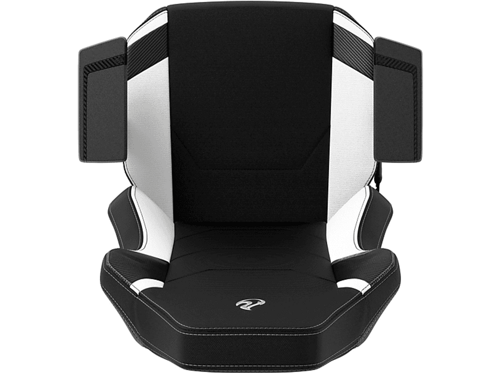 Schwarz-weißer Gaming-Stuhlsitz mit weißen Nähten und Seitenstützen.