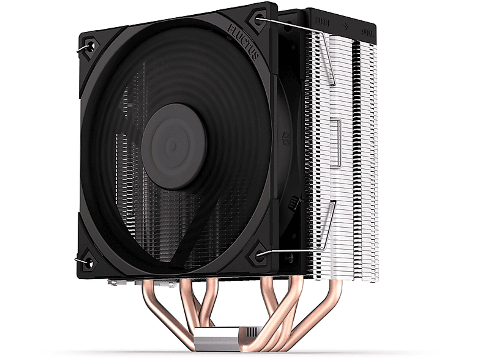 Czarny cooler CPU z wentylatorem i rurkami cieplnymi, na czarnym tle.