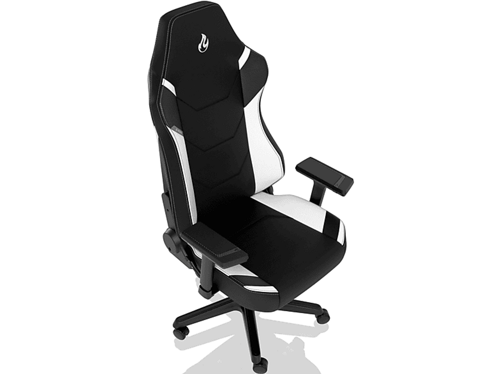 Ein schwarz-weißer Gaming-Stuhl. Er hat eine hohe Rückenlehne, Armlehnen und ein Fünf-Sterne-Gestell.