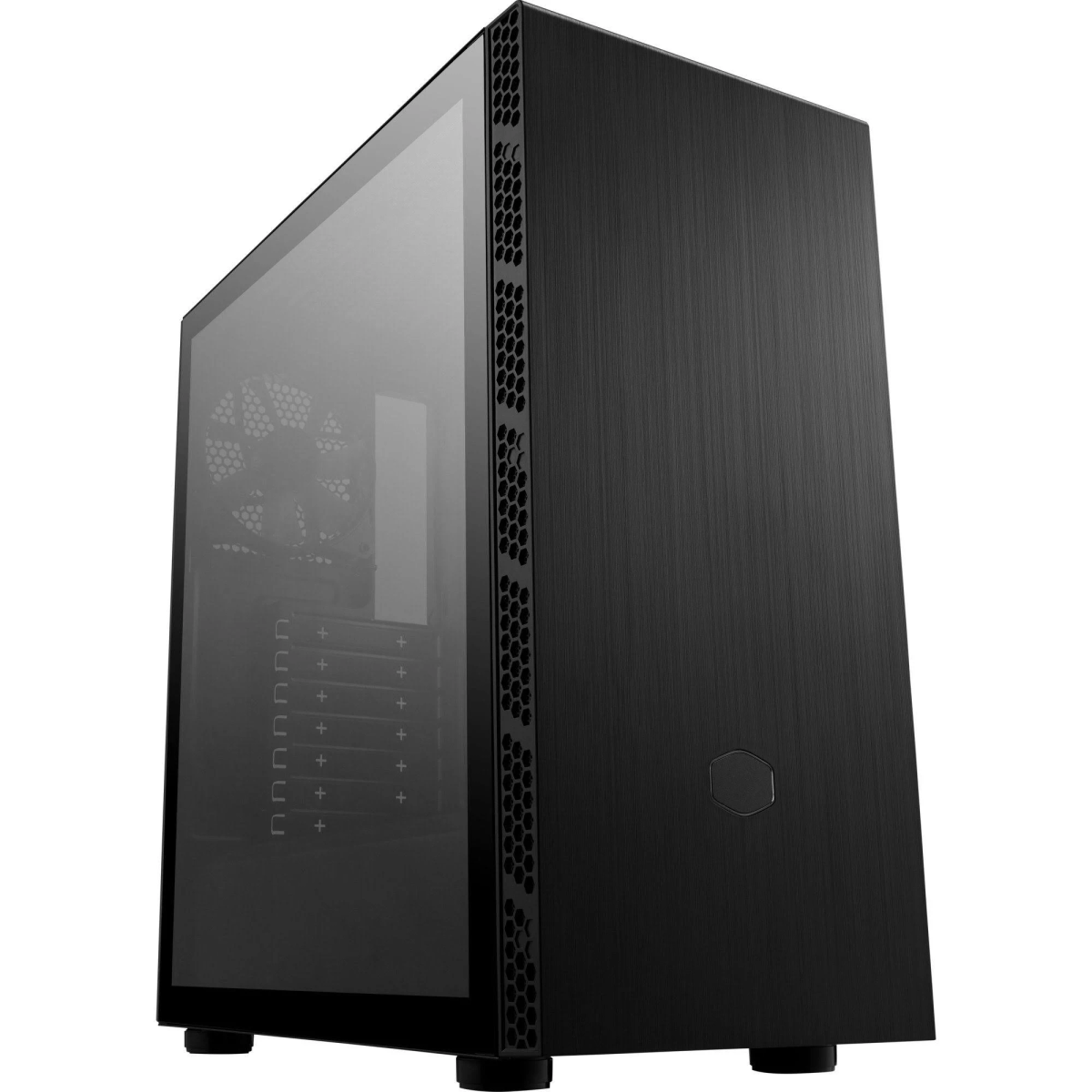 Schwarzes Computergehäuse mit Glasseitenwand. Das Gehäuse hat eine Mesh-Front und steht auf weißem Grund.