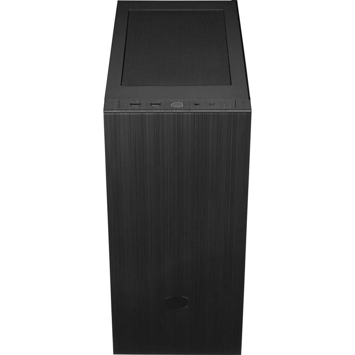 Schwarzes Computergehäuse von oben. Mesh-Oberseite, USB-Anschlüsse und Power-Taste oben.