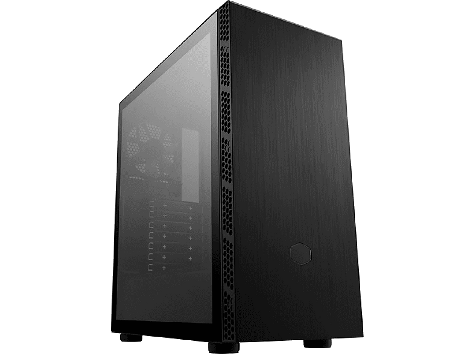 Schwarzes Computergehäuse mit Glas-Seitenwand. Sichtbare interne Komponenten.