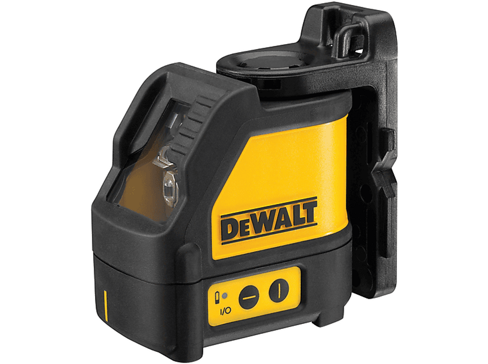 Sarı ve siyah DeWalt lazer seviyesi. Siyah montaj braketi takılı. G/Ç ve düğmeler görünür.