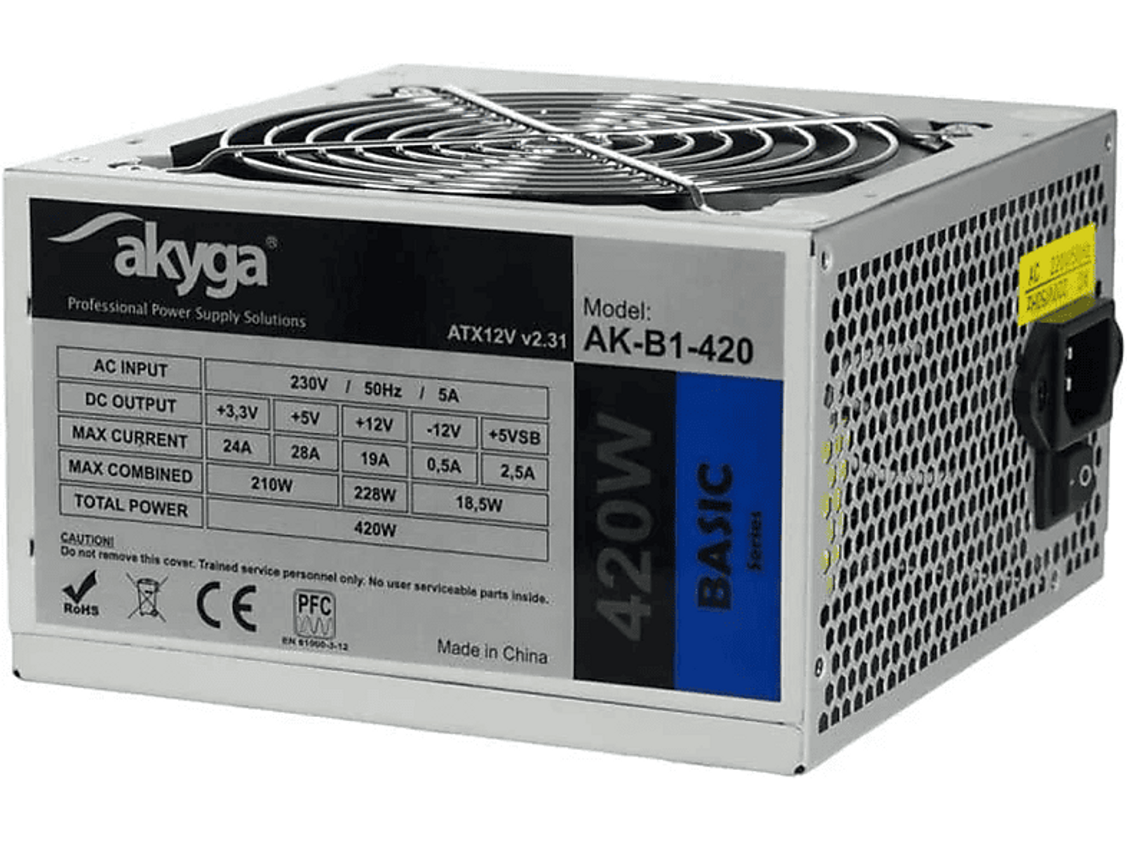 Zasilacz Akyga 420W. Srebrna obudowa, czarny wentylator i złącze. Oznaczone specyfikacjami.