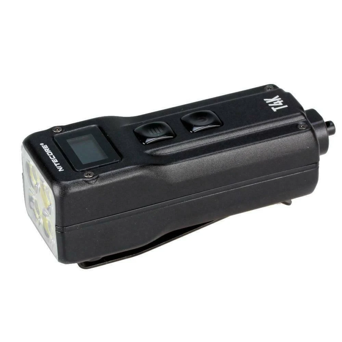 Czarna latarka z dwoma przyciskami i wyświetlaczem, na białej powierzchni. Widoczny tekst T4K.