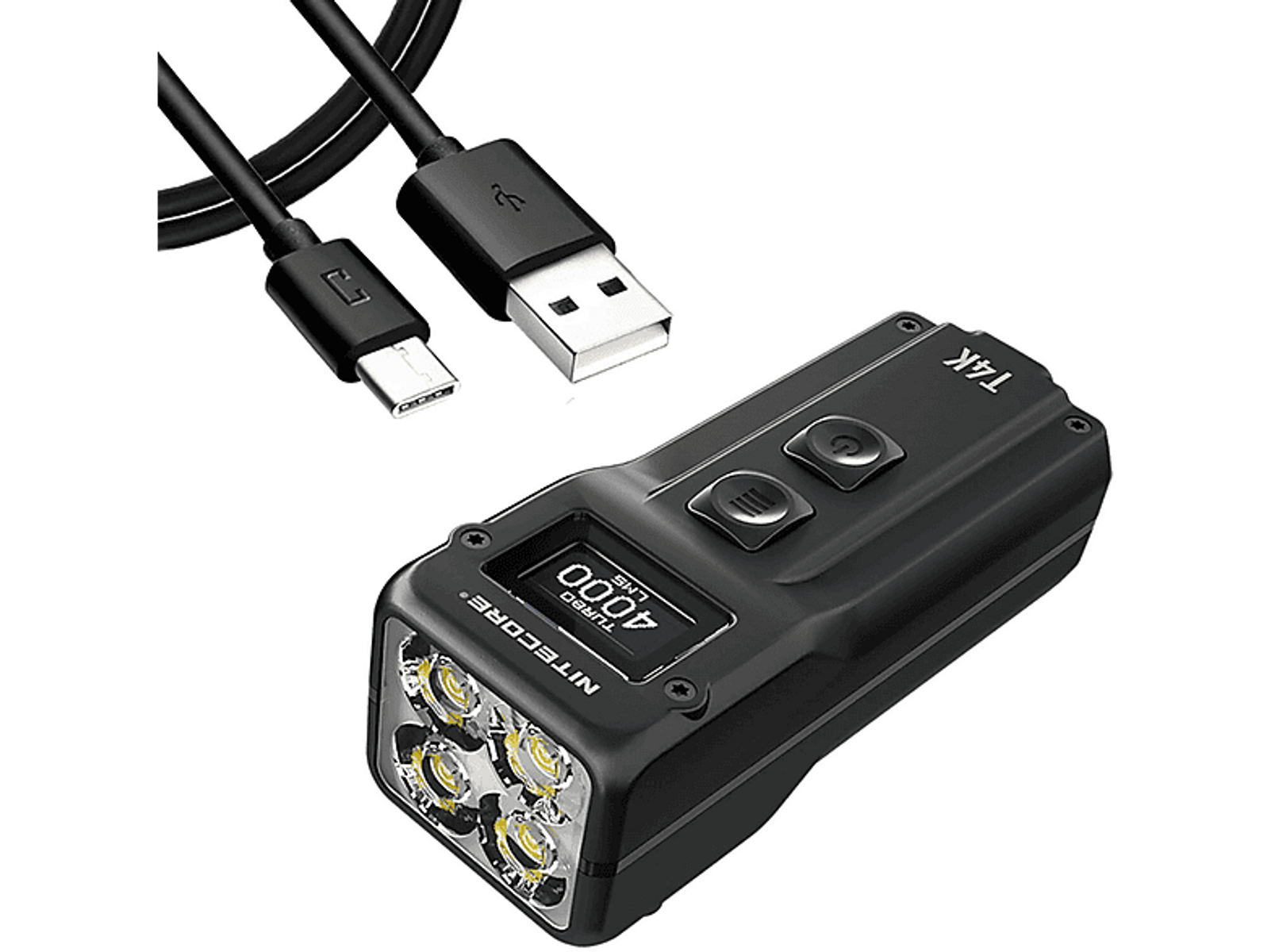 Czarna latarka z przyciskami i ekranem, kablem USB i złączem USB-C.