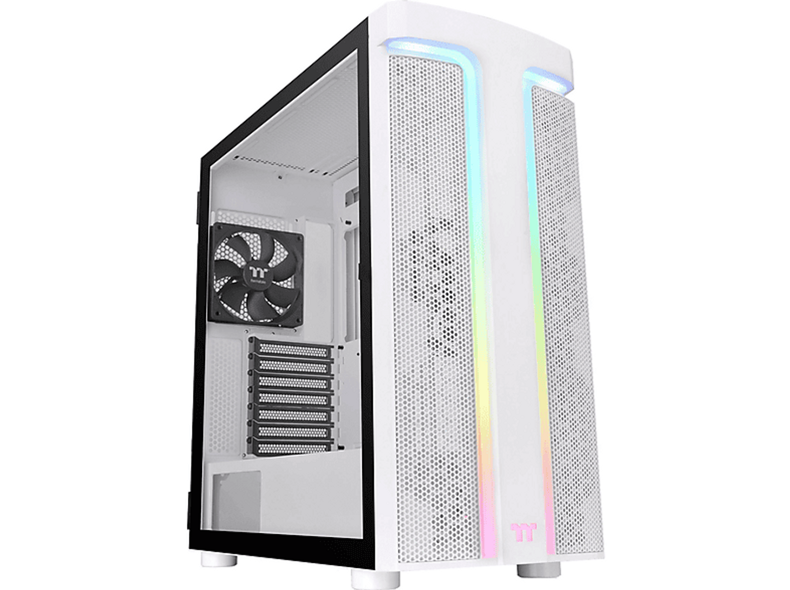 Biała obudowa komputera z przezroczystym panelem bocznym. Ma czarny wentylator i światła RGB.