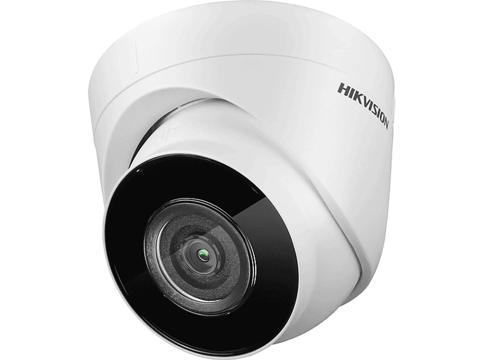 Biała kamera kopułkowa z czarnym obiektywem, z napisem HIKVISION.