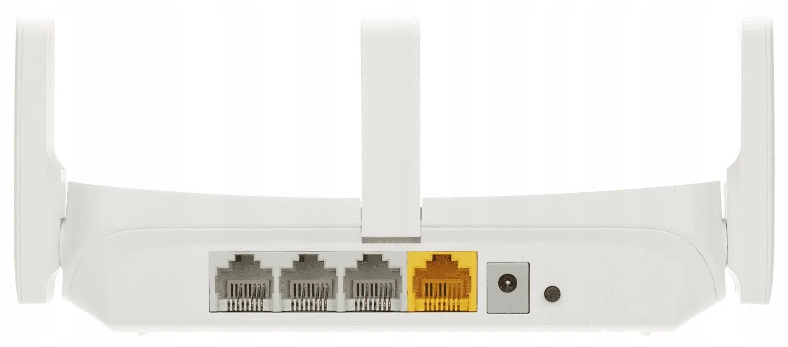 Weißer WLAN-Router mit mehreren Ethernet-Anschlüssen und Antennen.