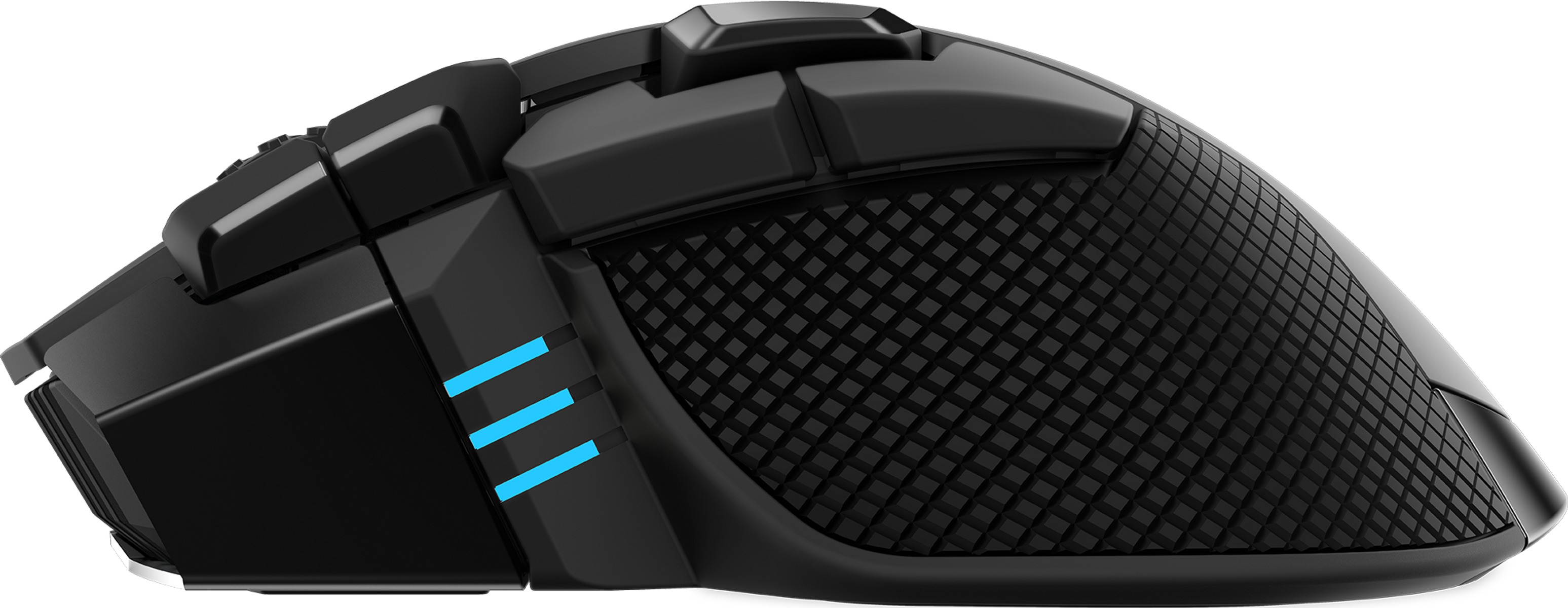 Mouse da gioco nero con impugnatura strutturata e luci blu. Ha più pulsanti e un design elegante.