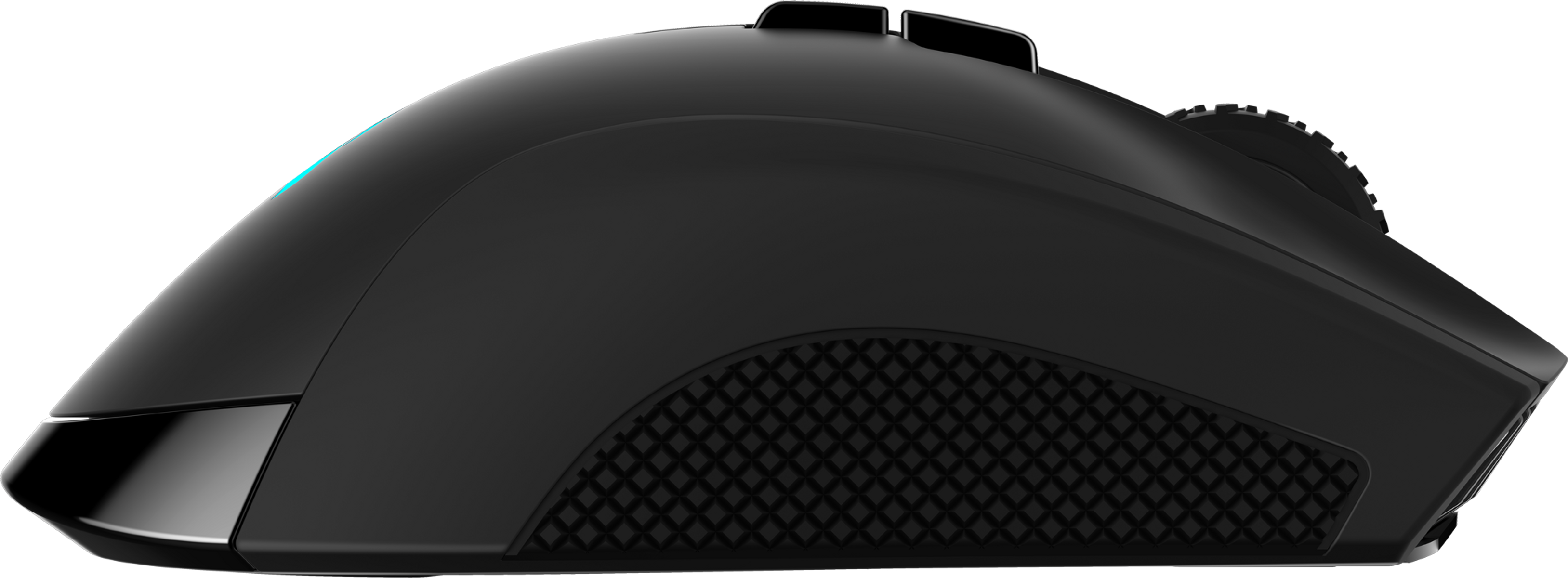 Mouse per computer nero. Ha una rotella e pulsanti laterali. Lo sfondo è nero.