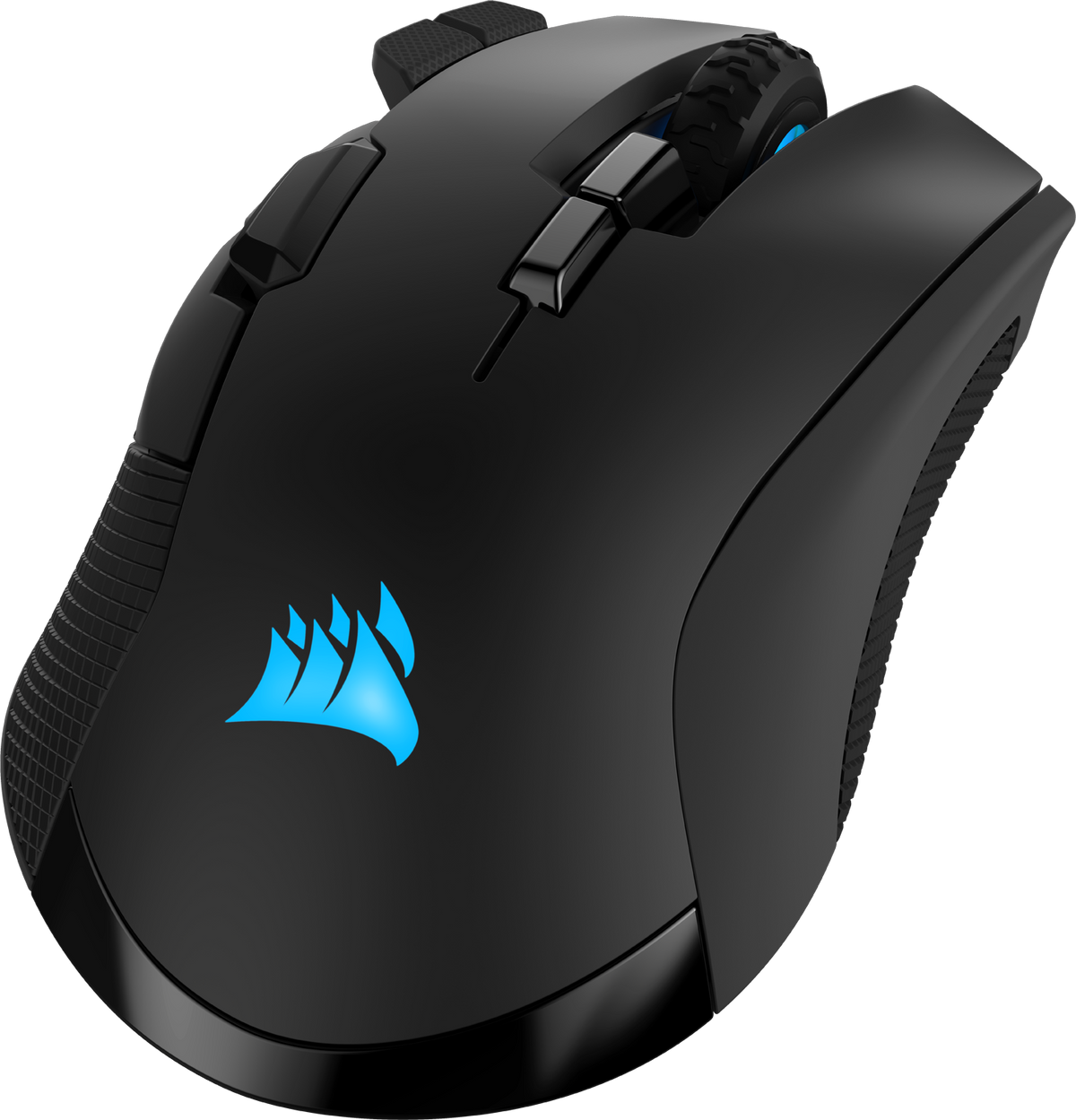 Mouse da gioco nero con logo e pulsanti blu.