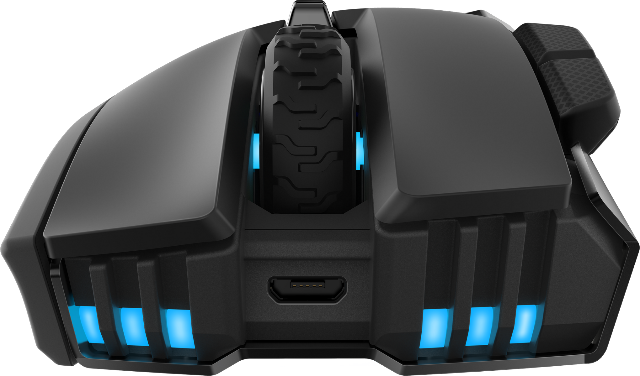 Un mouse da gioco nero con luci blu, una rotella di scorrimento e una porta USB.