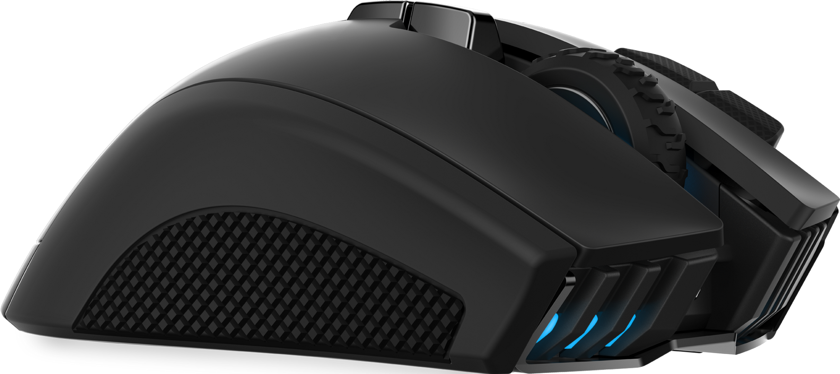 Mouse da gioco nero con luci blu e impugnatura strutturata.