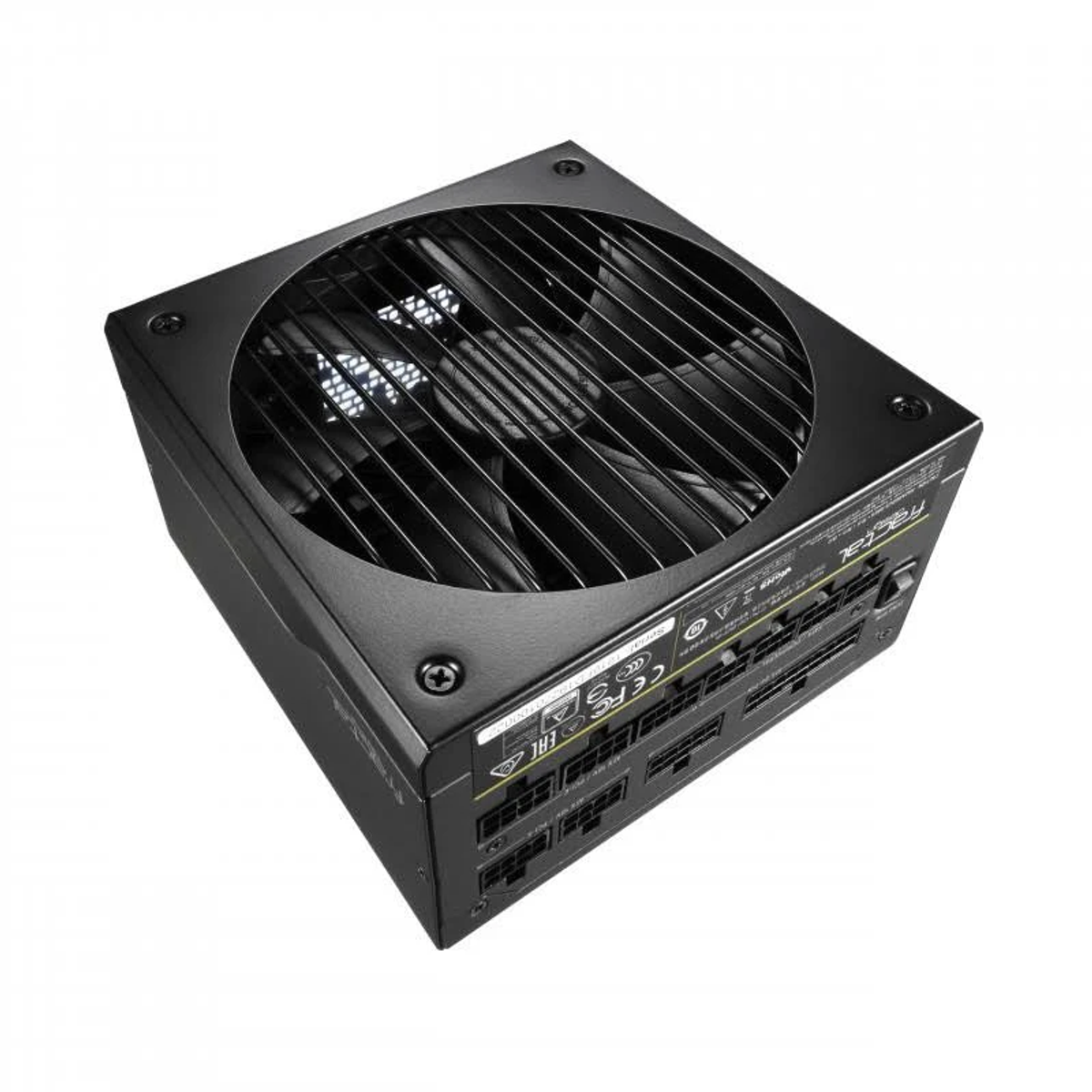 Alimentatore Fractal Design nero con ventola e varie porte di connessione.