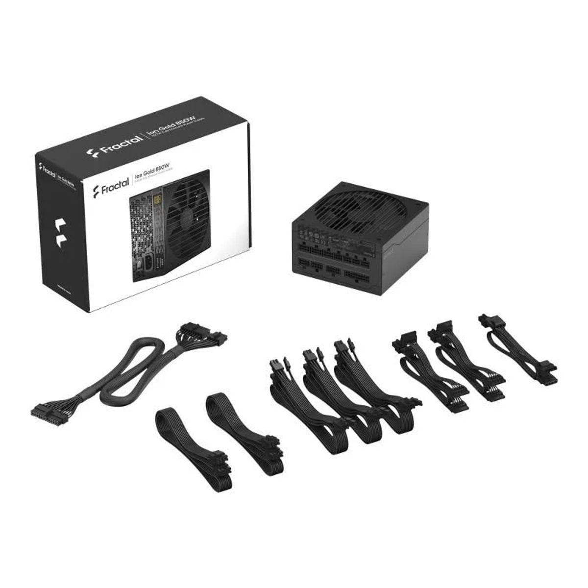Alimentatore con scatola e cavi. Ha un logo Fractal Design, e la scatola dice Ion Gold 850W.