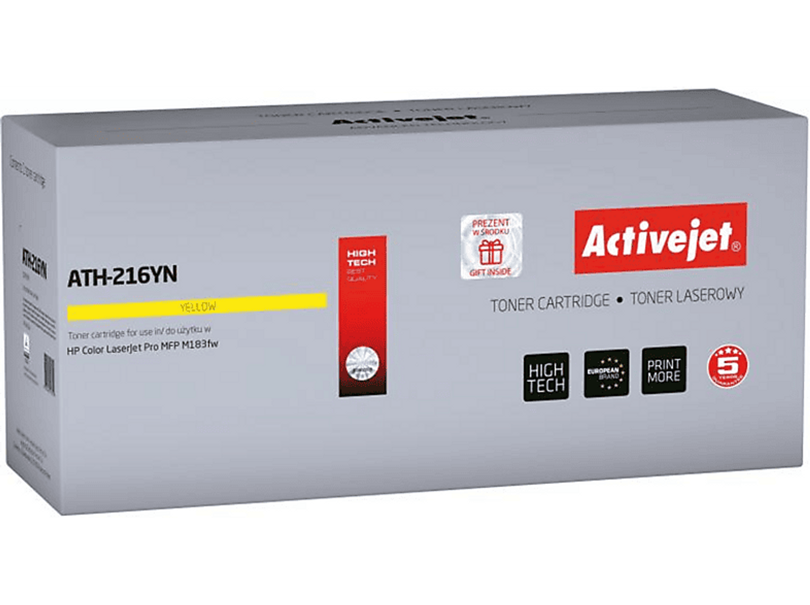 Szare pudełko z napisem "Activejet", "Toner Cartridge" i różnymi etykietami.