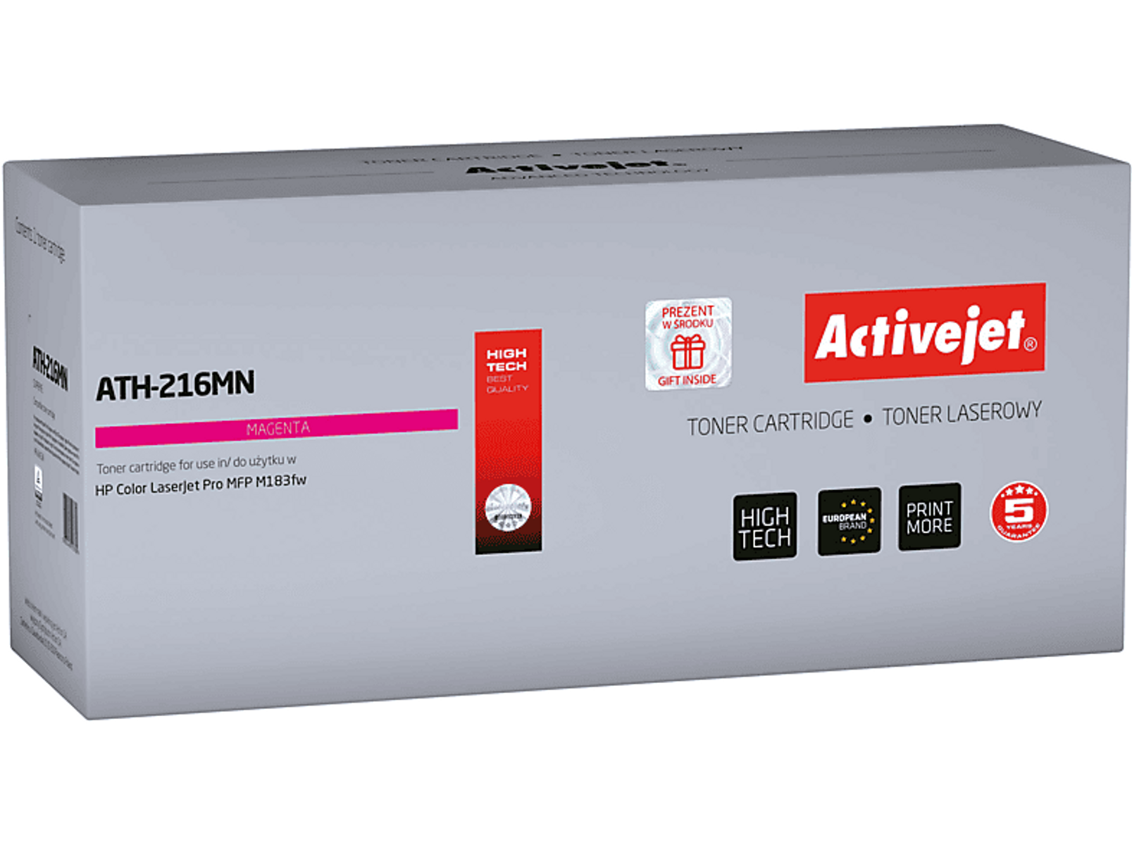 Szare pudełko z czerwonym tekstem, magentowym paskiem i wkładem z tonerem. Na pudełku napis ATH-216MN.