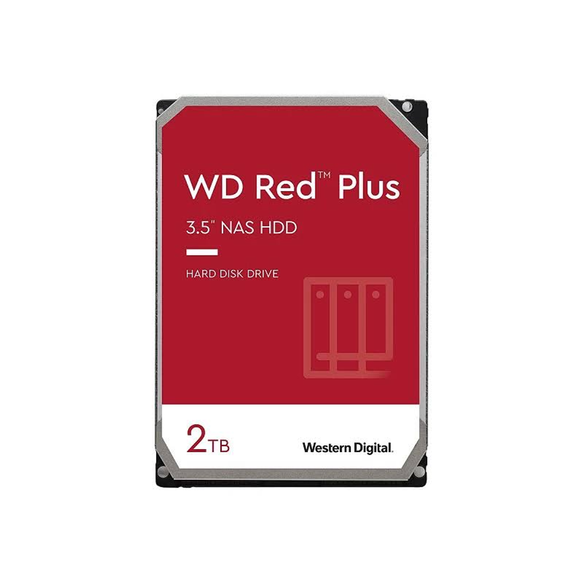 Rote und weiße Festplatte mit dem Text 'WD Red Plus'. Sie sagt 2TB und Western Digital.