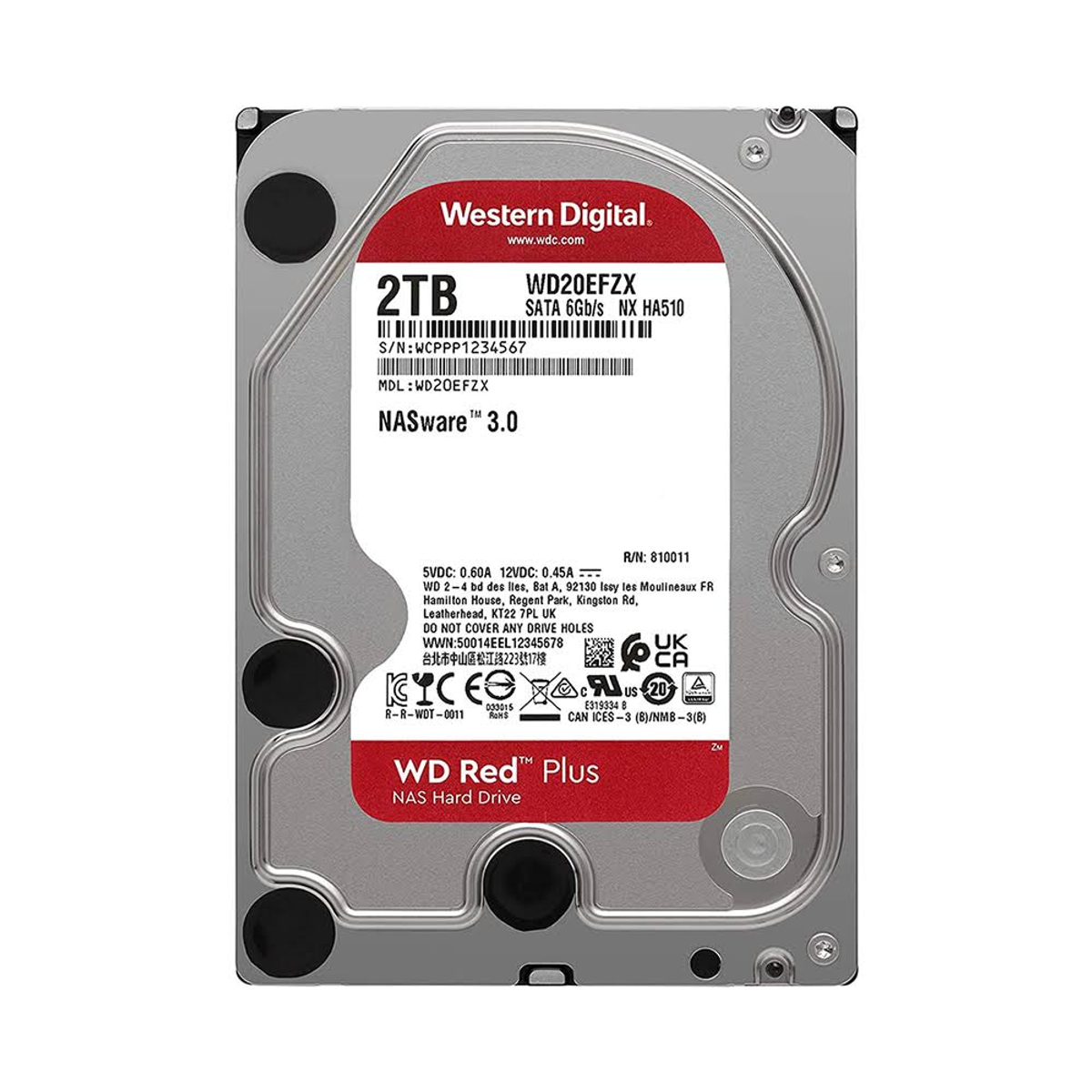 Eine silberne Festplatte mit roten Details und dem Label "WD Red Plus".