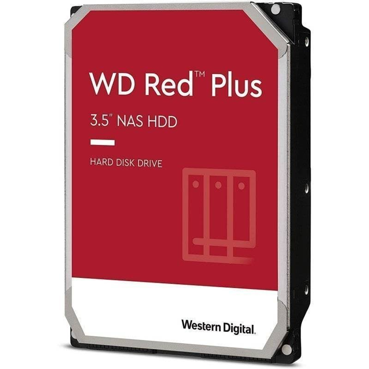 Rote und silberne Festplatte. Text lautet WD Red Plus, 3,5" NAS HDD und Festplatte.