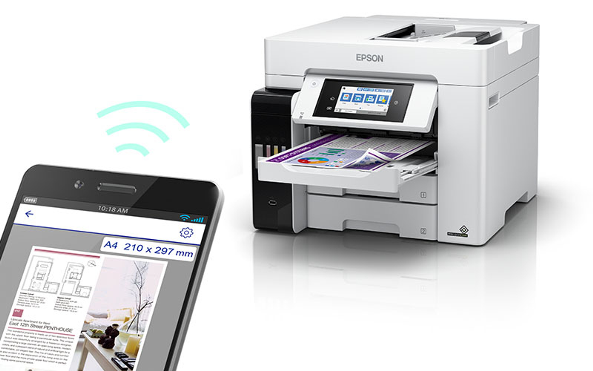 Smartfon połączony z drukarką, wyświetlający dokument do wydrukowania.