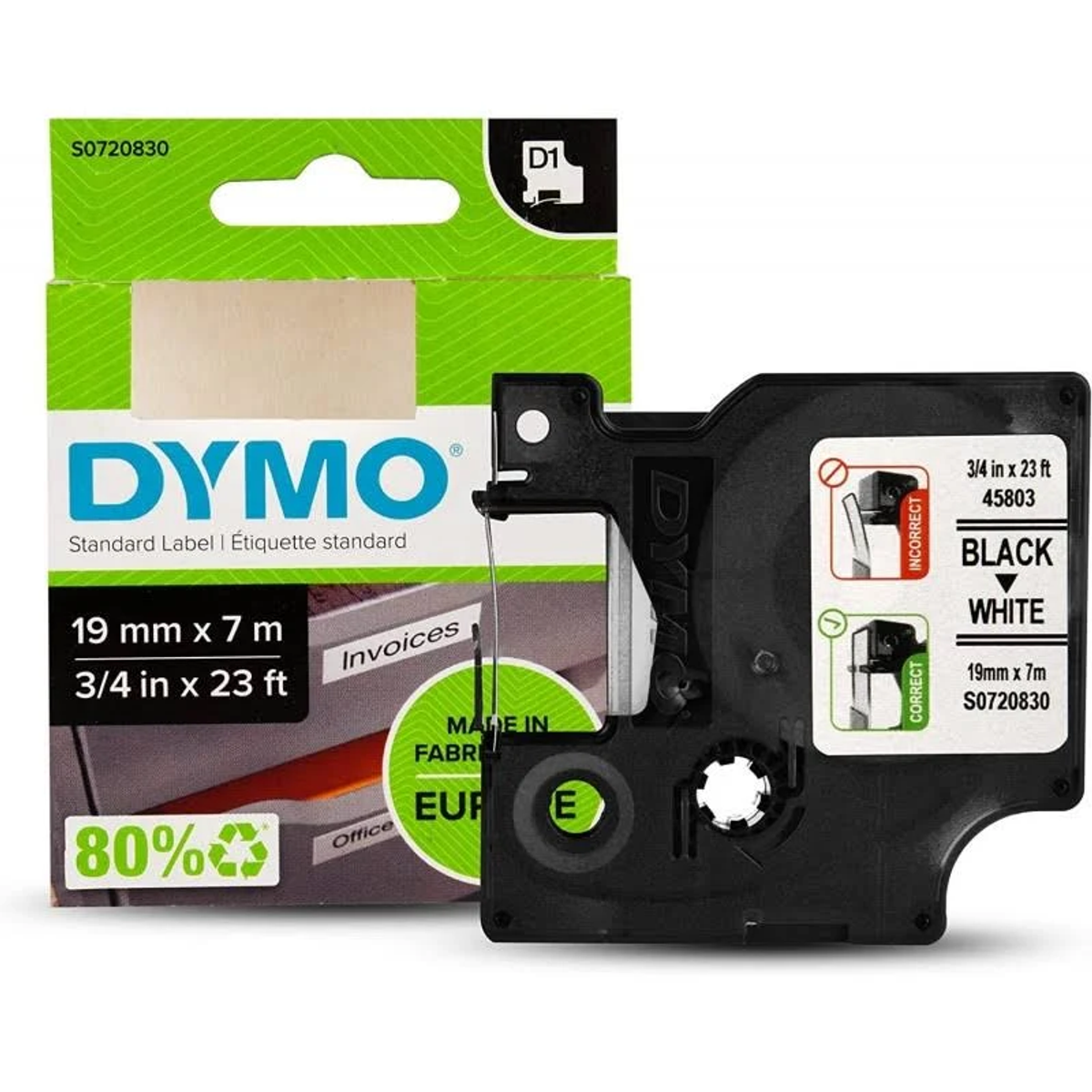 DYMO Etikettendruckerpatrone mit einer grün-weißen Box und einem schwarz-weißen Band.