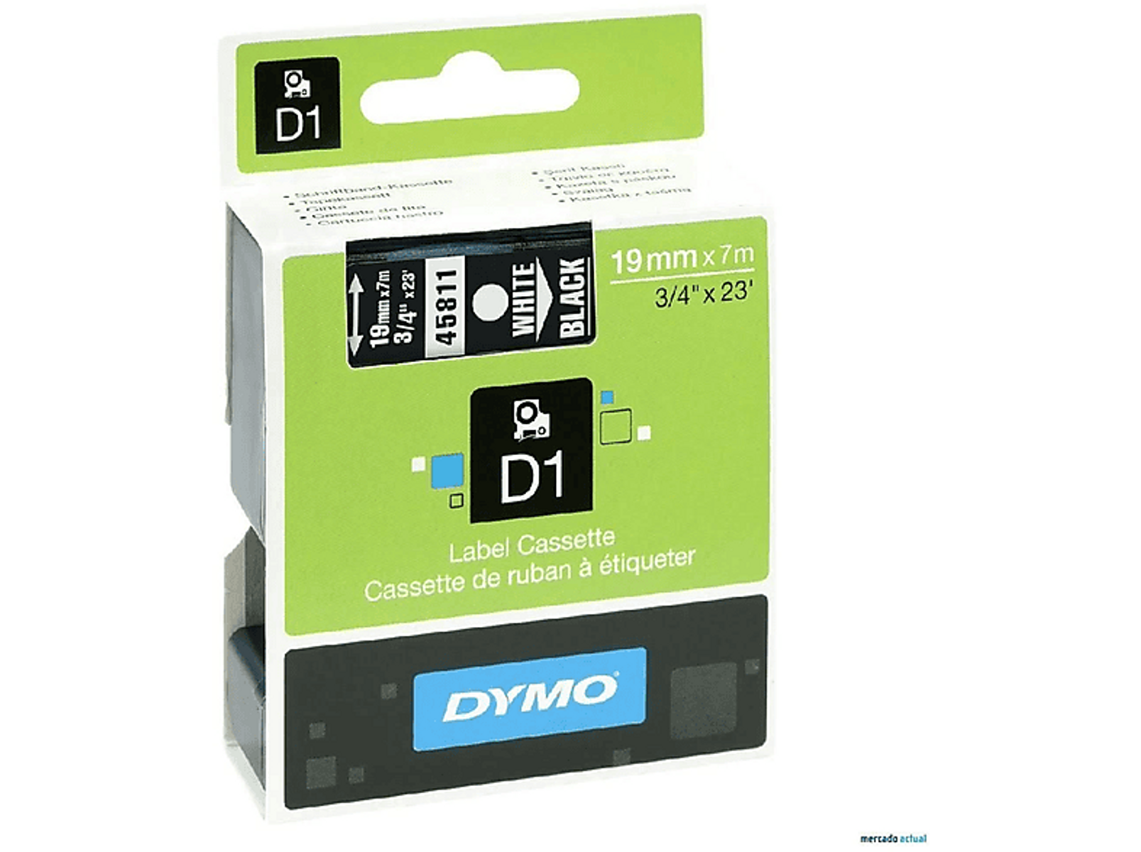 Dymo D1 Etikettenband-Box, schwarz/weiß, mit grünen Akzenten. Weißer Hintergrund. Etikettenband, schwarzer Text.