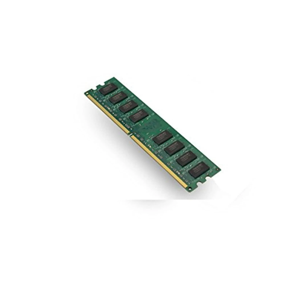 Un modulo RAM su sfondo bianco, con chip verdi e contatti dorati.