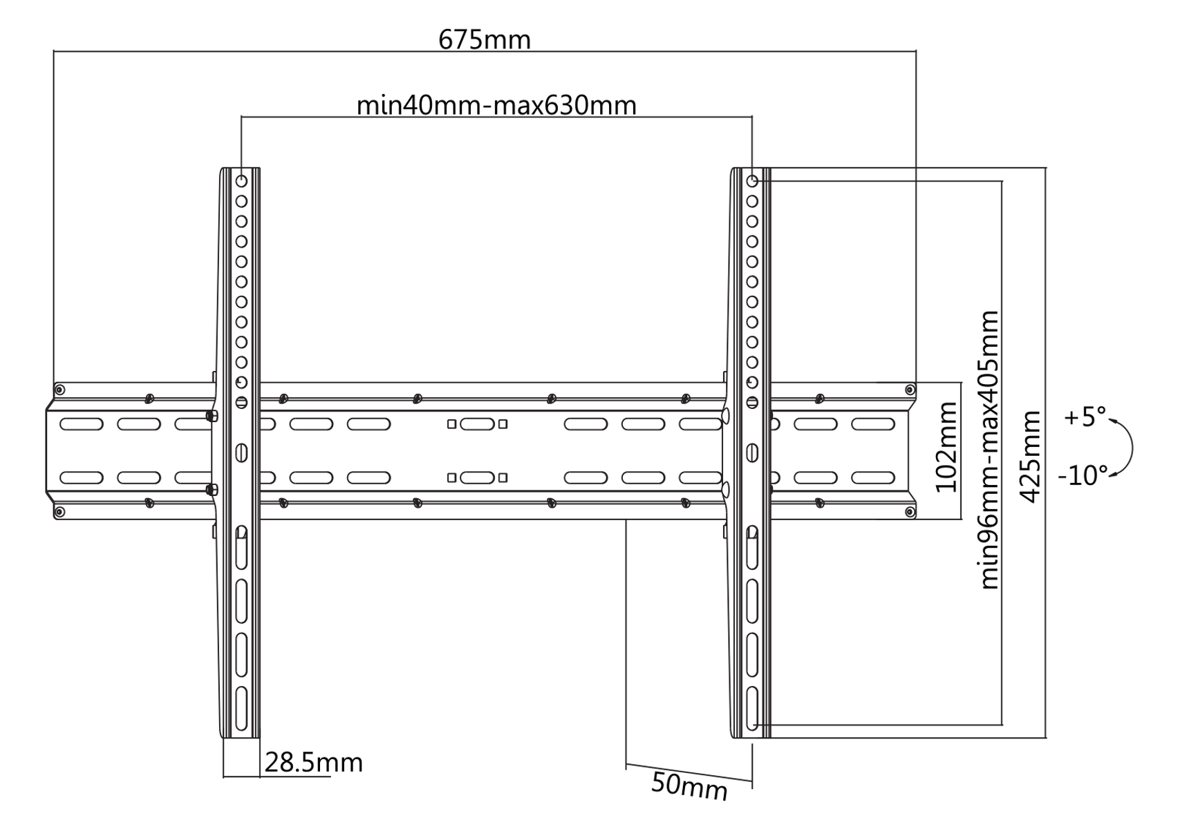 Diagramm einer TV-Halterung, mit Abmessungen. Weißer Hintergrund.