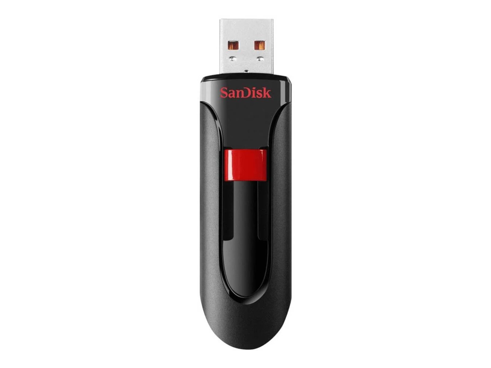 Una chiavetta USB SanDisk nera e rossa con corpo nero e meccanismo scorrevole rosso.