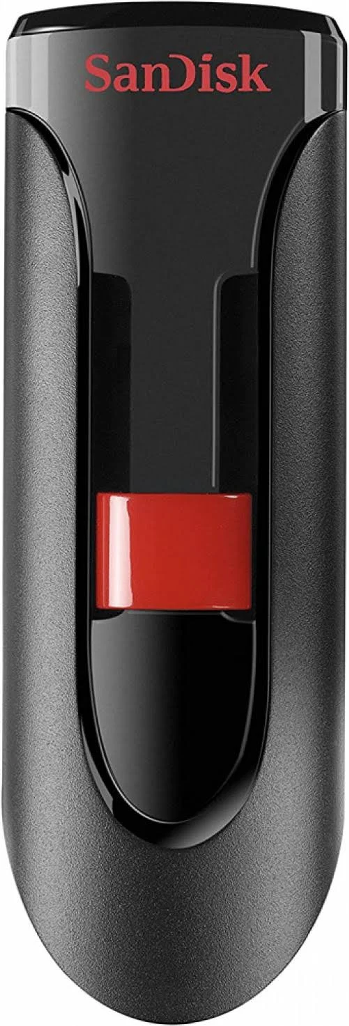 Chiavetta USB nera e rossa con logo SanDisk. Sfondo bianco.
