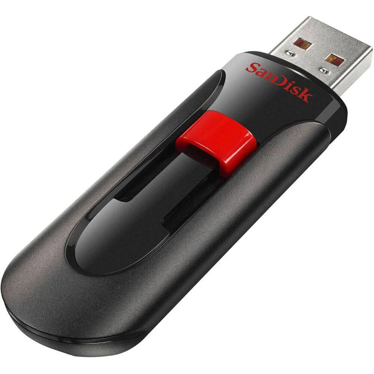 Chiavetta USB SanDisk nera e rossa. Ha un cursore rosso e un connettore USB argentato.